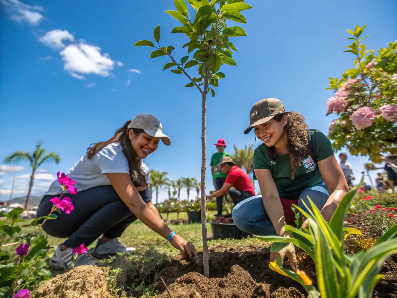 Volunteers participating in a wildlife conservation project, planting trees and creating habitats for local species.