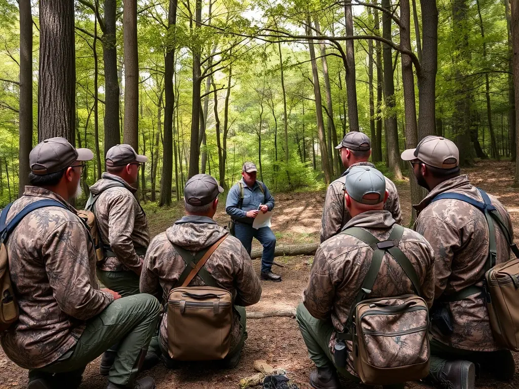 A group of hunters in camouflage gear participating in a training session on safe firearm handling in a controlled environment.
