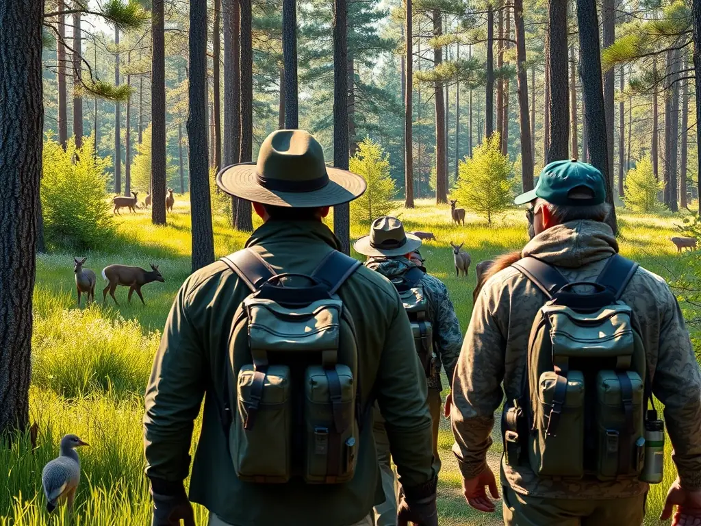 A scenic image of a group of hunters tracking game through a dense forest during a scheduled hunt.