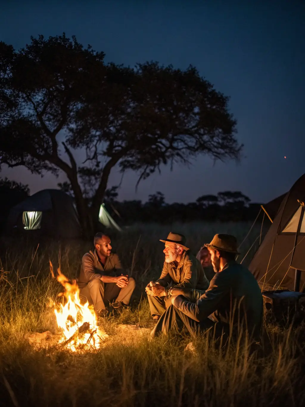 A group of hunters gathered around a campfire after a successful day of hunting, sharing stories and enjoying the camaraderie of the SAINT-HUBERT NAJACOISE community.