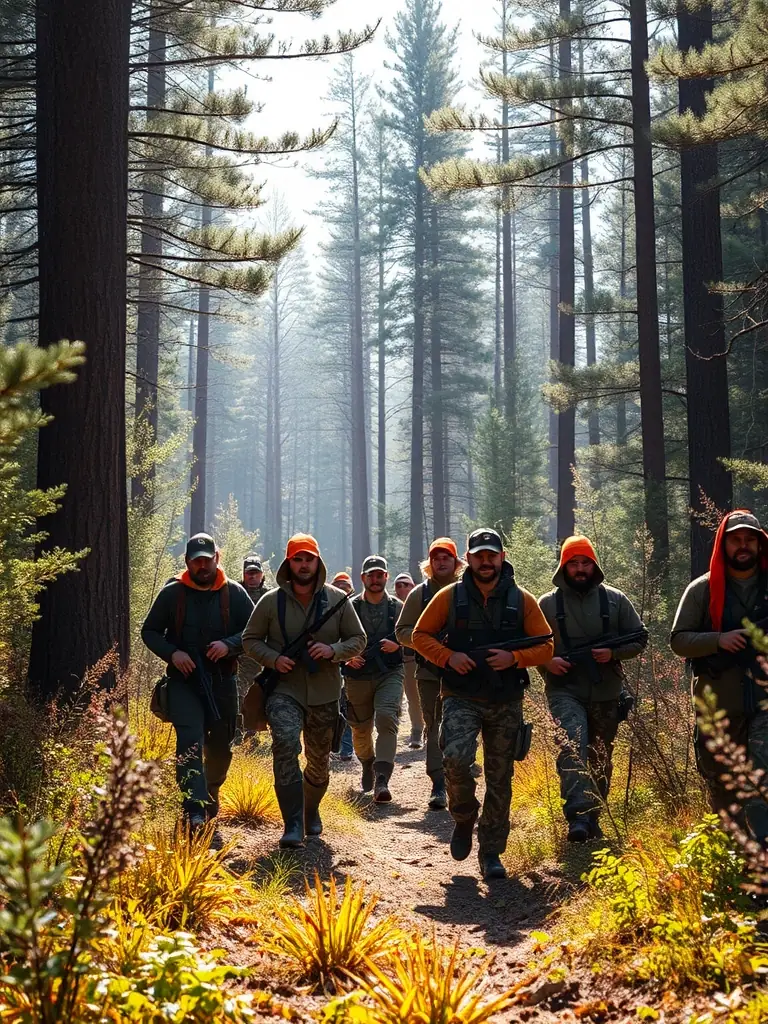 A group of hunters in camouflage gear walking through a dense forest during a driven hunt organized by SAINT-HUBERT NAJACOISE, showcasing the camaraderie and excitement of the event.