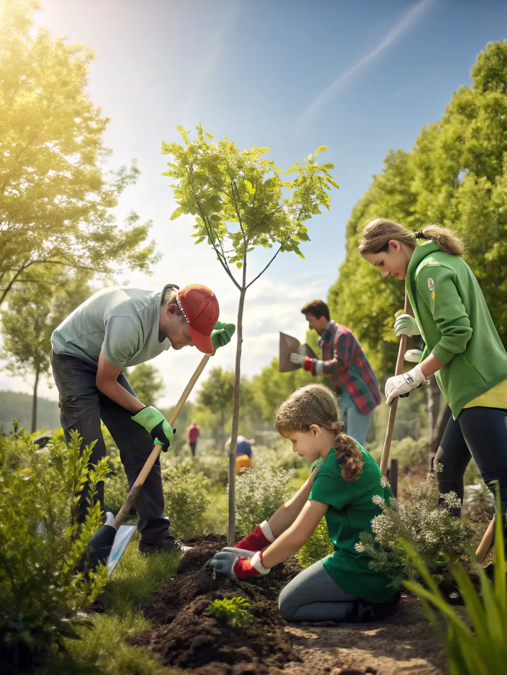 Volunteers planting trees in a deforested area as part of a conservation project organized by SAINT-HUBERT NAJACOISE, emphasizing the club's commitment to environmental stewardship.